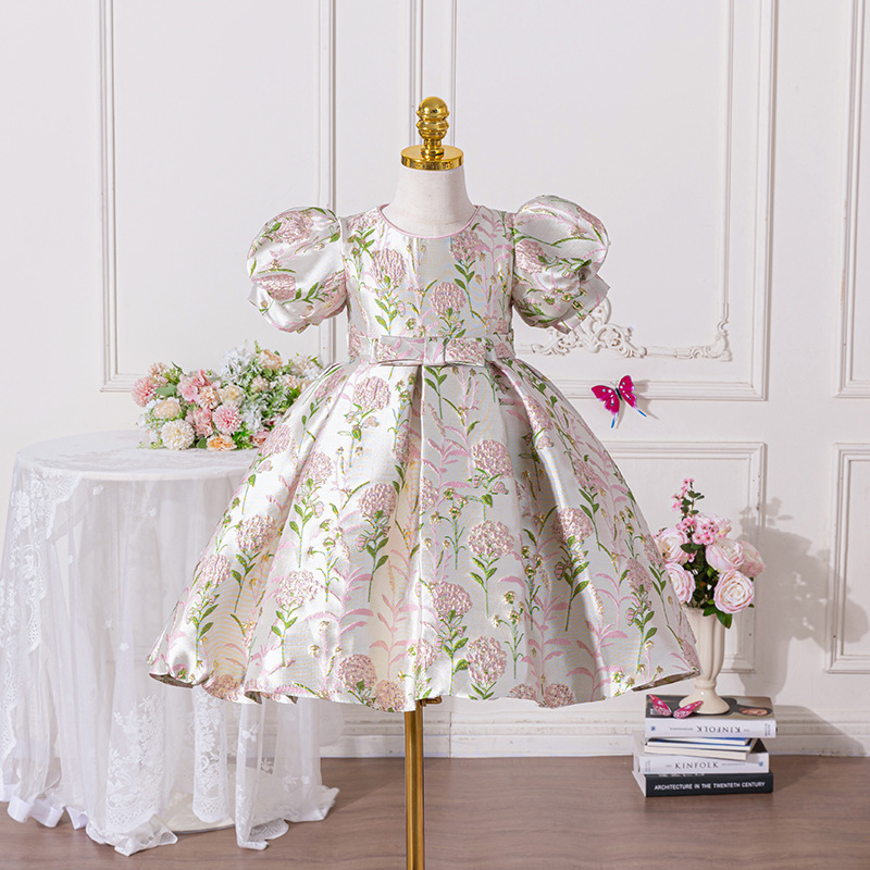 Children's princess dress, floral jacquard fabric dress, stylish embroidered dress, host's birthday party dress