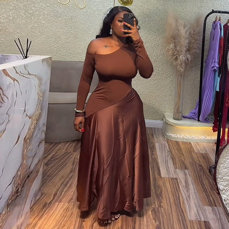 European and American women's clothing 2025 summer new style sweet and fresh sloping collar leak shoulder high waist slimming A-line dress long skirt