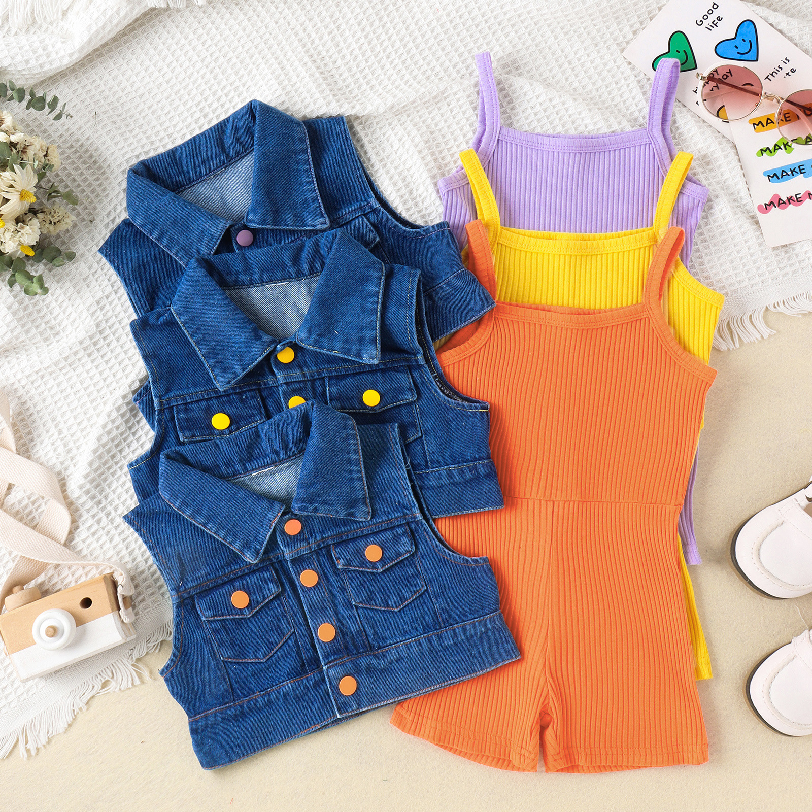 2024 New Girls' Summer Clothing Set for Foreign Trade Children's Clothing, Baby Pit Strip Strap jumpsuit, Cowboy Horse Clip Two Piece Set