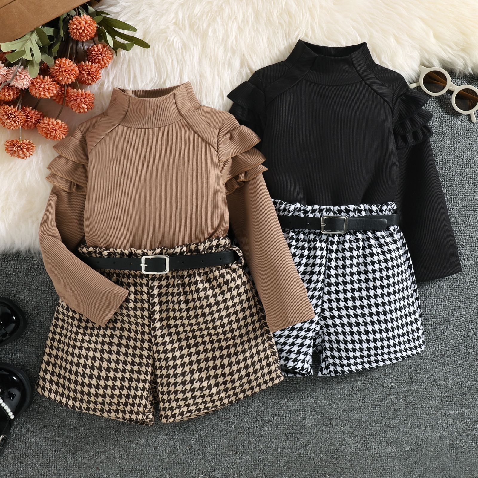 European and American girls' autumn and winter season children's suit long sleeved top, herringbone shorts belt, British three piece set in stock