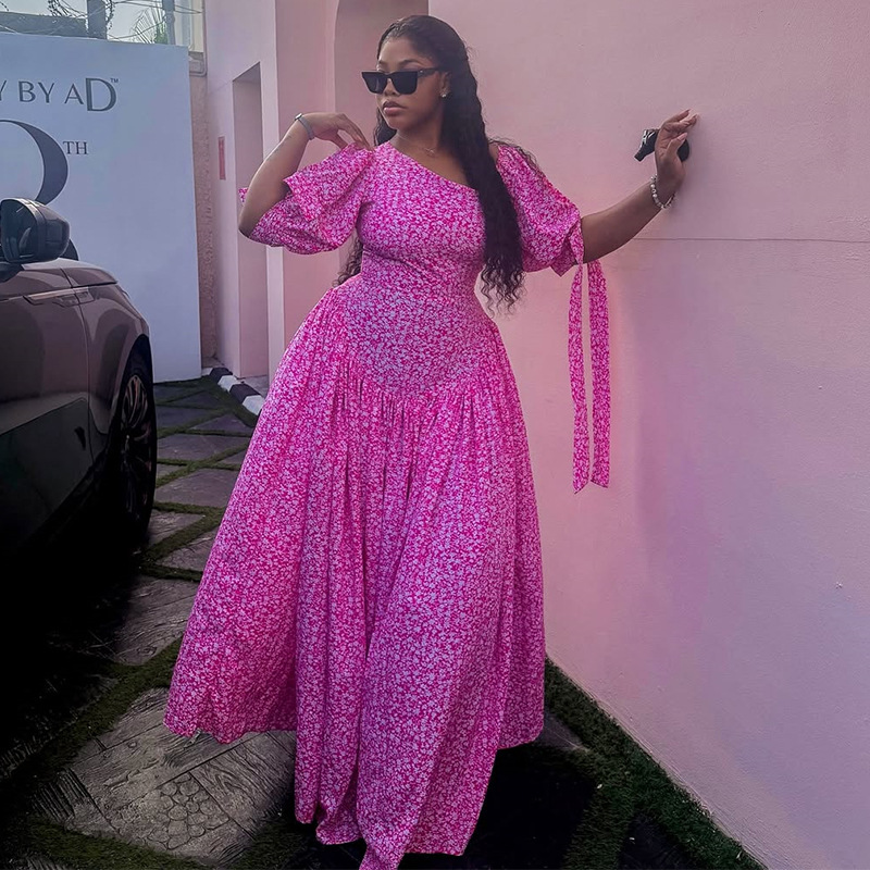 European and American Cross border Women's Clothing 2025 Summer New Style Small Fresh Sweet Slant Collar Strap Show Thin Floral Long Dress
