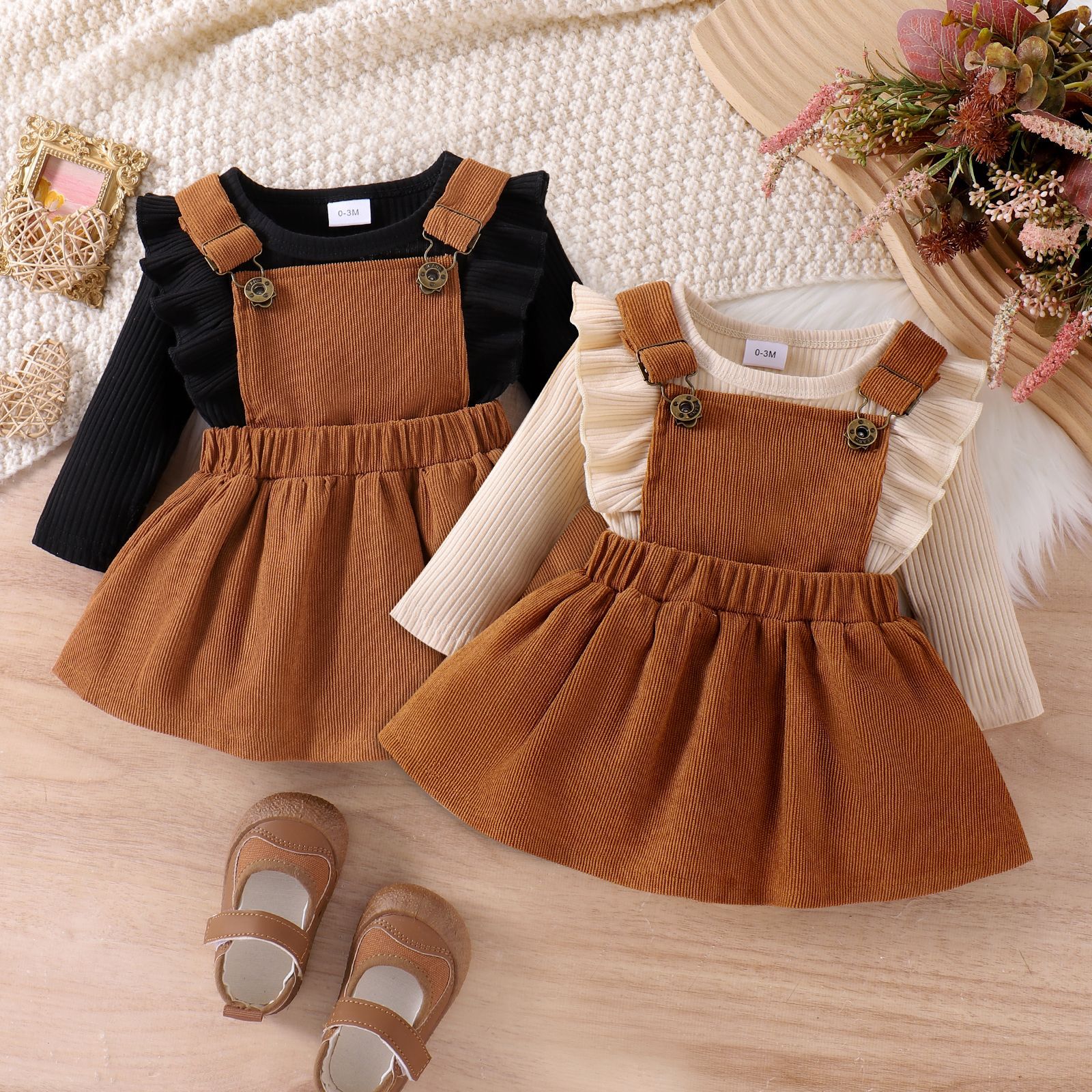 Foreign Trade Girls' Ins Preschool Top Long Sleeve Hoodie Solid Color Strap Skirt Two Piece Set