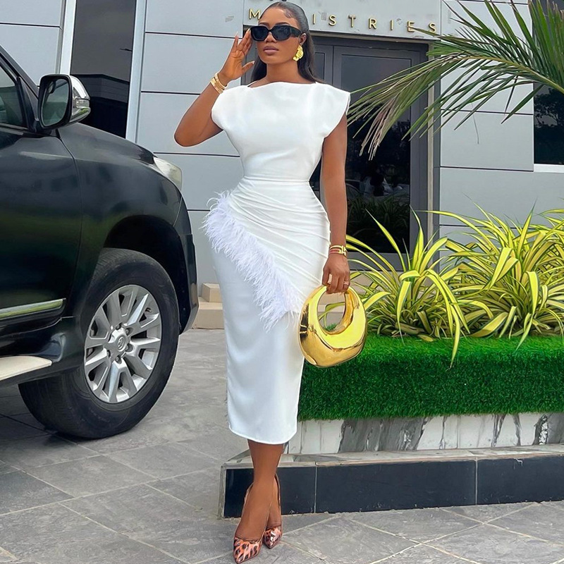 European and American cross-border women's clothing 2025 spring new fashion short sleeved solid color pleated fringed slim fit medium long dress