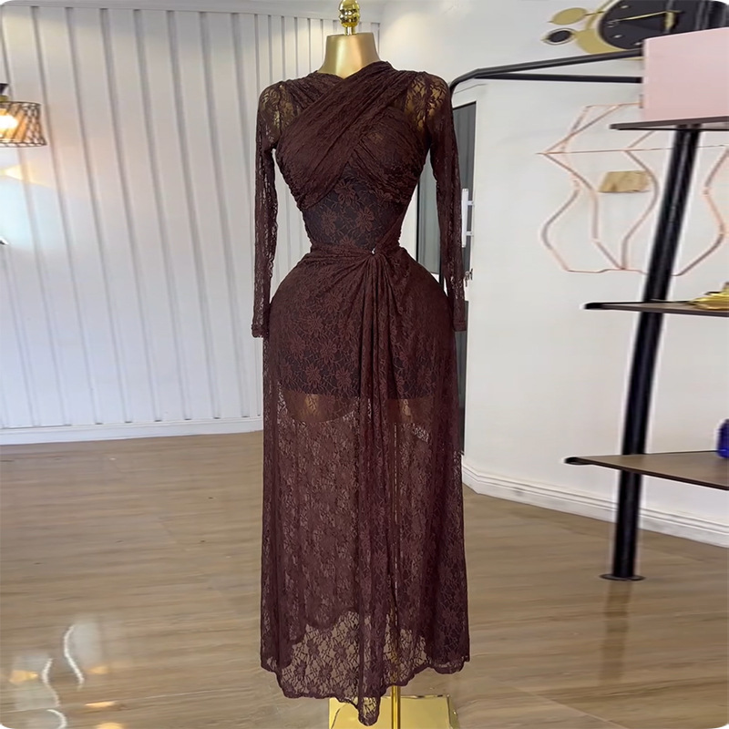 European and American women's clothing 2025 summer new sweet and fresh lace patchwork long sleeved high waisted A-line dress long skirt