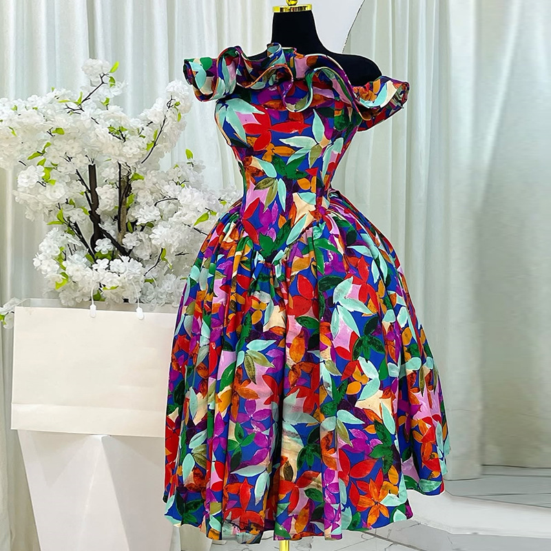 European and American cross-border women's clothing 2025 summer new style temperament slanted shoulder lotus leaf edge high waist A-line medium long dress