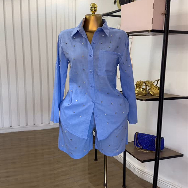 European and American cross-border women's clothing 2025 summer new fashionable solid color lapel nail bead slim fit long sleeved shirt shorts set