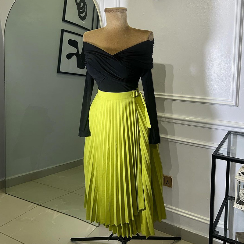 European and American foreign trade women's clothing 2025 spring new high waist slimming tie irregular mid length A-line skirt