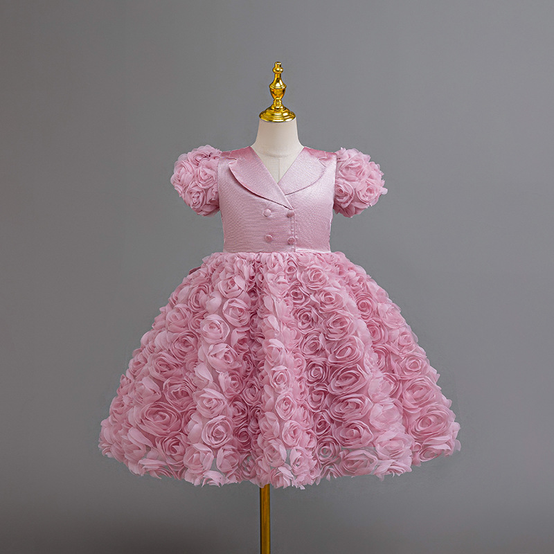 Children's evening dress, light luxury, niche high-end princess dress, pink hosting performance dress, flower skirt, fluffy tutu skirt