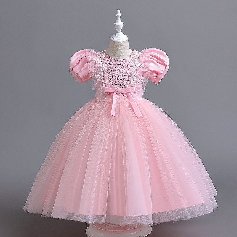 New girls' bubble sleeves princess dress lace long dress mesh pink children's dress piano performance dress