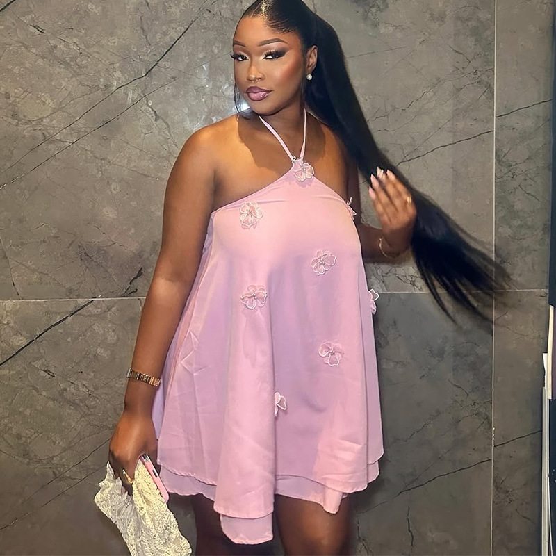 European and American cross-border women's clothing 2025 summer new style temperament hanging neck three-dimensional flower irregular pink suspender dress