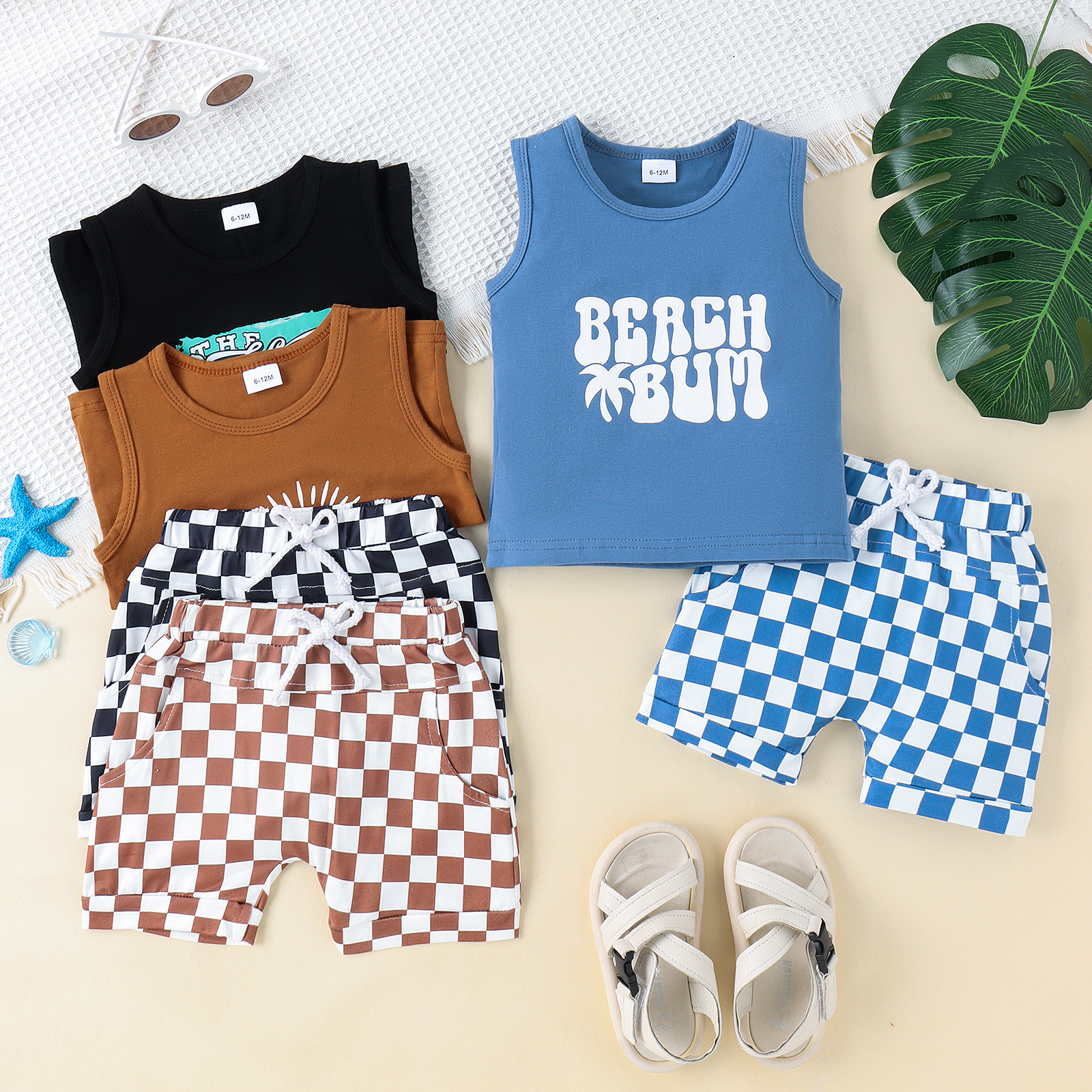 2024 Foshan Foreign Trade Children's Clothing Boys' Summer Tank Top Checkered Shorts Two Piece Set Men's Baby Casual Set Degree Pretend