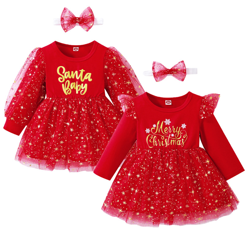 2023 Amazon Hot selling Christmas English Gold Plated Letter Printed Mesh Bubble Sleeve Dress for Girls in Europe and America