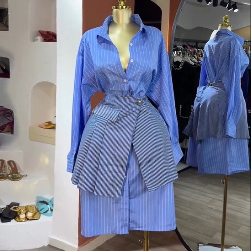 European and American Cross border Women's Wear 2025 Autumn New Fashion Collar Blue Striped Long Sleeve Shirt Waist Cover Casual Set