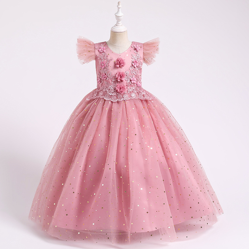 Girl Princess Dress Pearl Flower Decoration Host's Performance Wedding Dress Flower Children's Bright Film Dress Party Long Dress Princess Dress