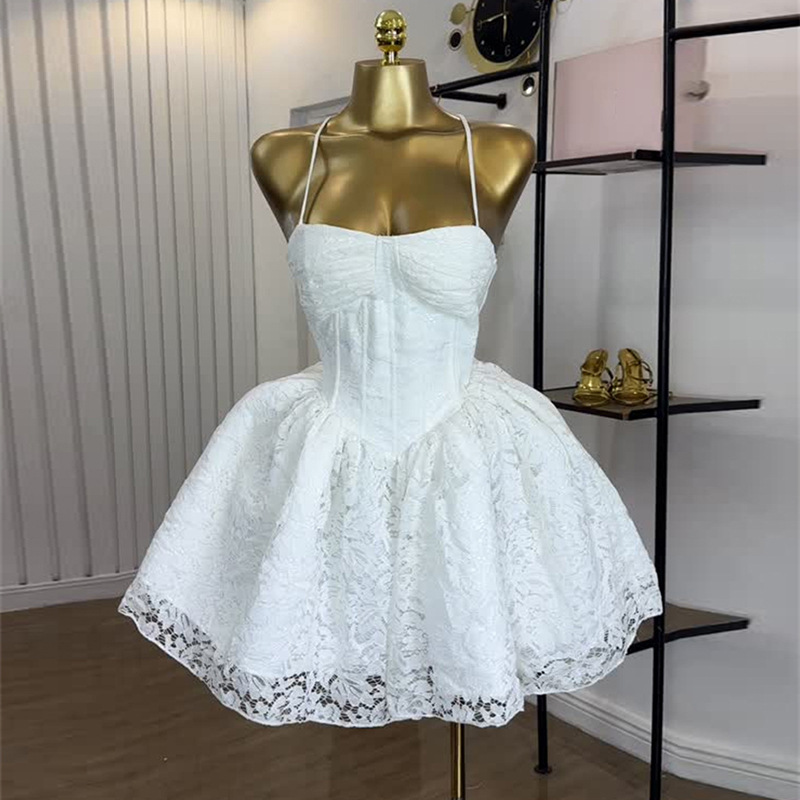 European and American cross-border women's clothing 2025 summer new style temperament strapless lace high waist design sense A-line suspender dress