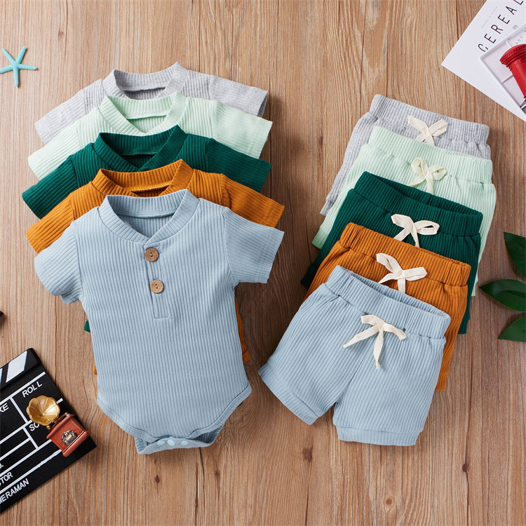 AliExpress 2022 Summer New Short Sleeve Pit Strip Set for Boys and Girls Solid Color Shorts Two Piece Set for Foreign Trade