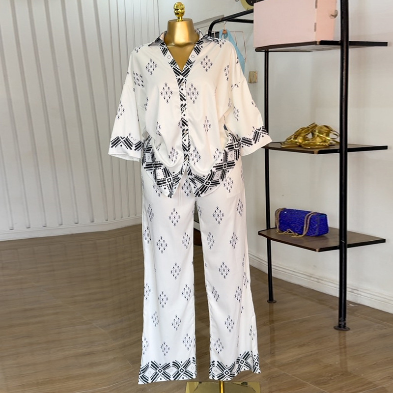 European and American Cross border Women's Clothing 2025 Summer New Style Fashion Collar Printed Loose Shirt Wide Leg Pants Casual Set