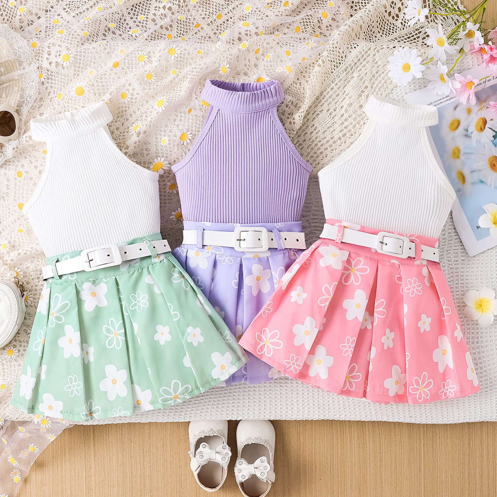 25 Cross border European and American Summer Multi color Girls' Set Sleeveless Hanging Neck Top+Printed pleated Skirt Set