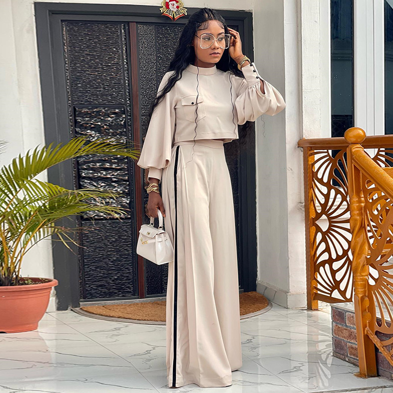 Spot European and American women's clothing 2025 summer new style plus size loose half high collar long sleeved top wide leg pants casual set