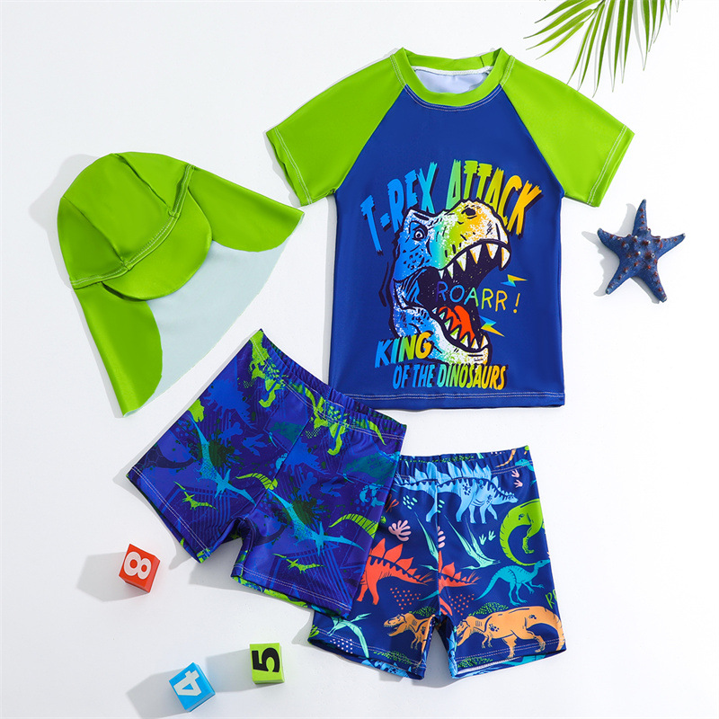 Foreign Trade Summer Children's Beach Swimsuit Pants Boys' Split Short Sleeve Dinosaur Set Four Piece Set