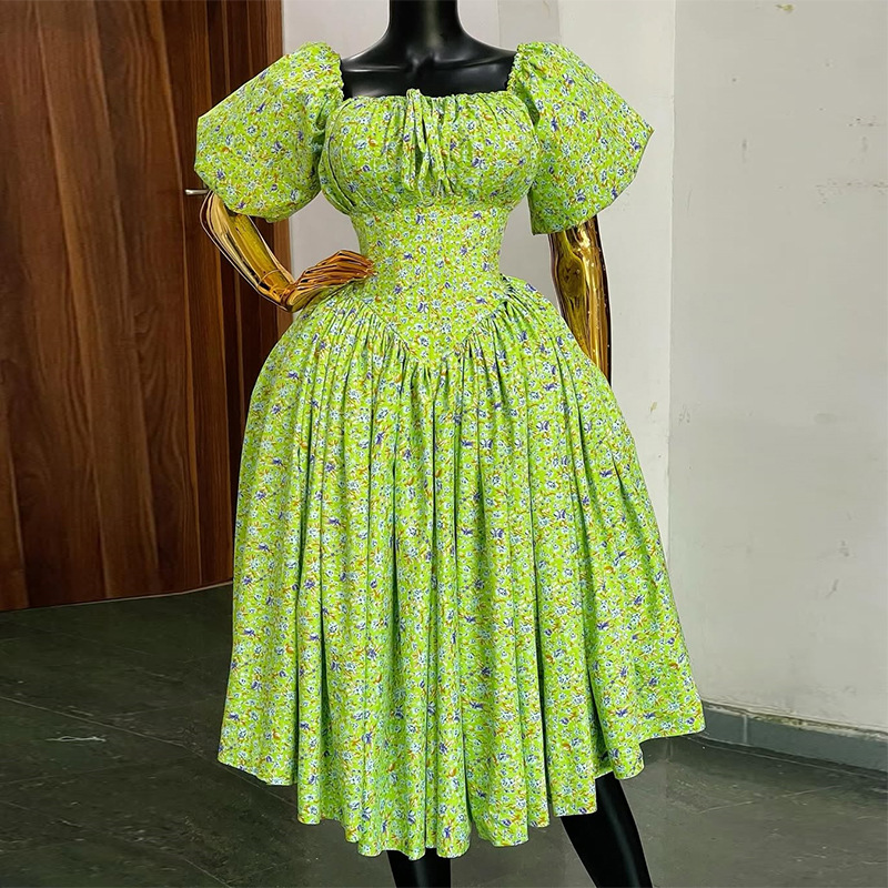 European and American Cross border Women's Clothing 2025 Summer New Small Fresh Floral Strap High Waist Green Medium length Dress