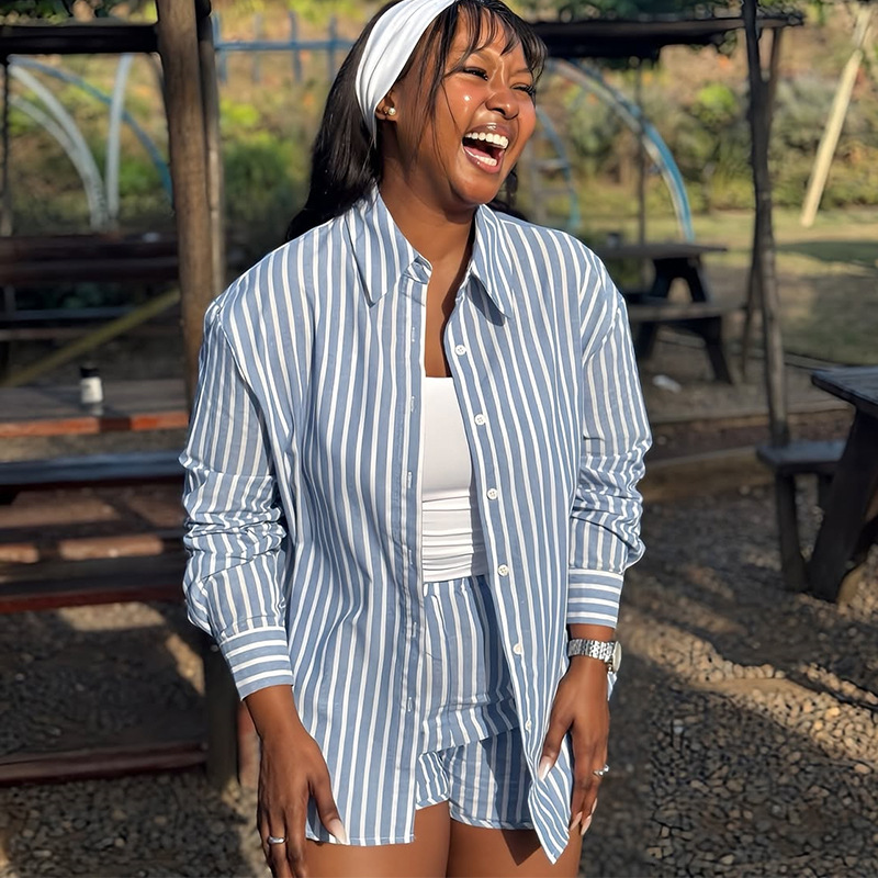 European and American Cross border Women's Wear 2025 Autumn New Style Fashion Collar Loose Long Sleeve Striped Shirt High Waist Shorts Set