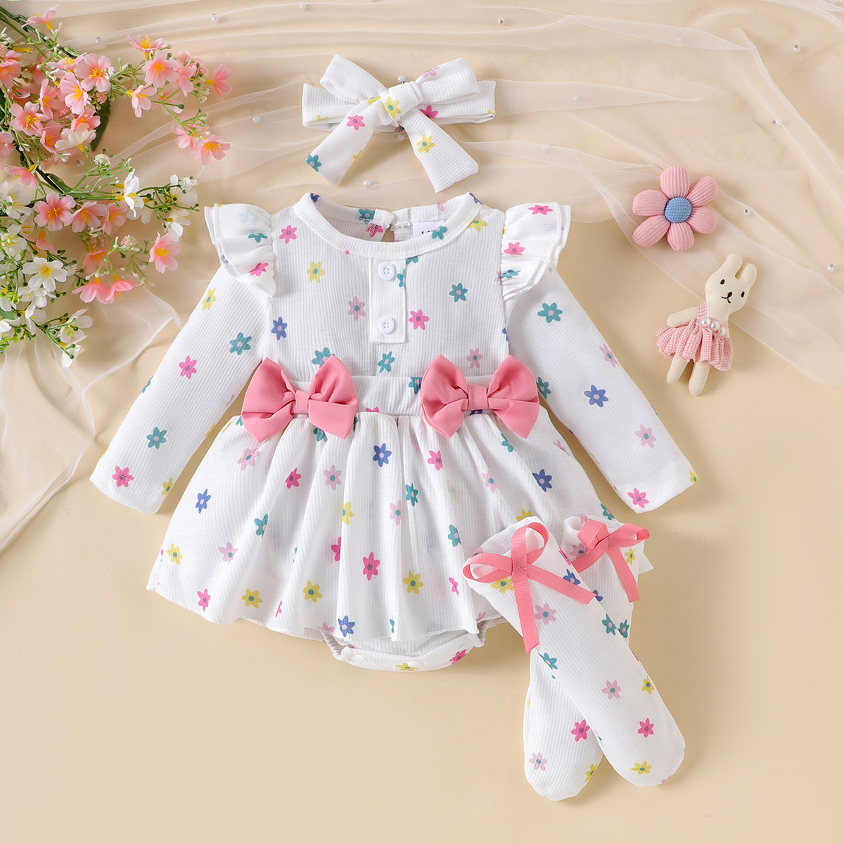 New cross-border spring and autumn baby round neck printed bow tie jumpsuit with headband socks