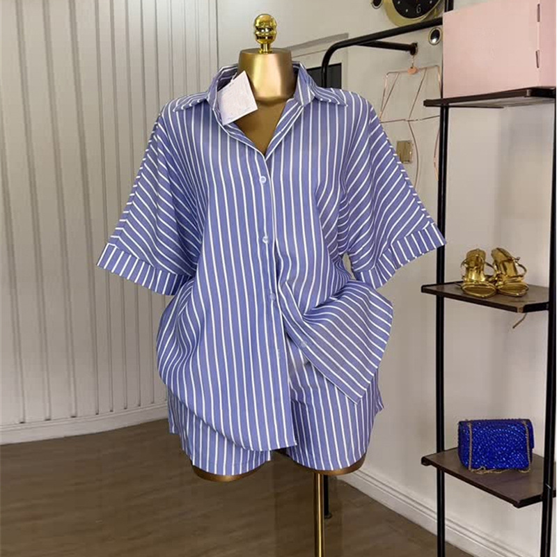 European and American Cross border Women's Clothing 2025 Summer New Fashion Blue and White Striped Loose Shirt High Waist Wide Leg Shorts Set