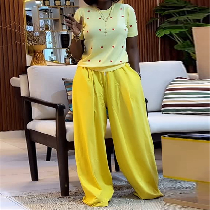 European and American Cross border Women's Clothing 2025 Summer New Sweet and Fashionable Round Neck Love Short Sleeve Top Wide Leg Pants Set