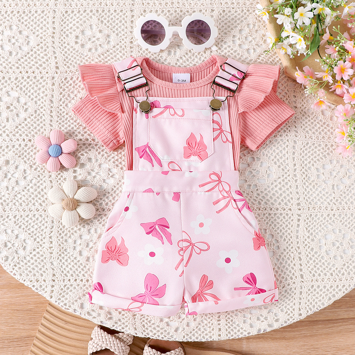 European and American summer girl baby pit strip short sleeved bag fart jacket+multi-color printed overalls set