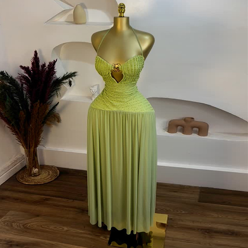 European and American Cross border Women's Clothing 2025 Summer New Style Small Fresh Green Hollow Splicing Sleeveless Strap Dress