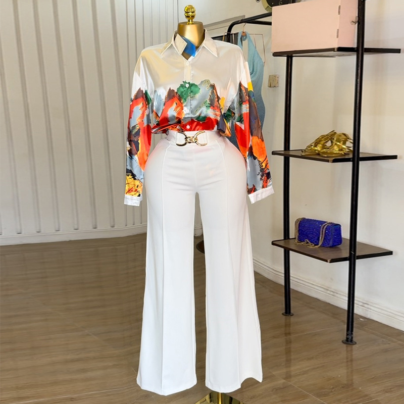 European and American cross-border women's clothing 2025 summer new style temperament lapel loose printed long sleeved shirt wide leg pants set
