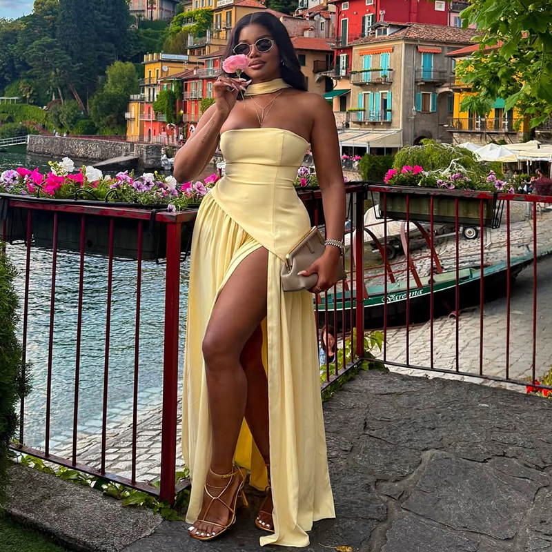 European and American cross-border women's clothing 2025 summer new style temperament hanging neck and strapless yellow split gift long dress