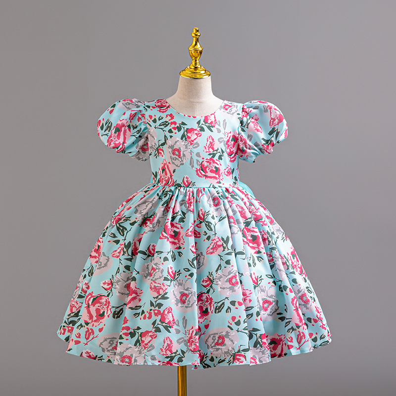 Girl's floral oversized bow princess dress with backless first birthday dress, children's flower girl stage performance costume