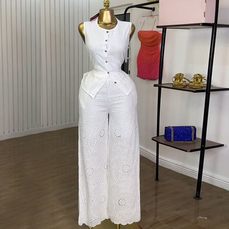 European and American Cross border Women's Clothing 2025 Summer New Round Neck Lace Hollow Sleeveless Top, High Waist Pants, Casual Set