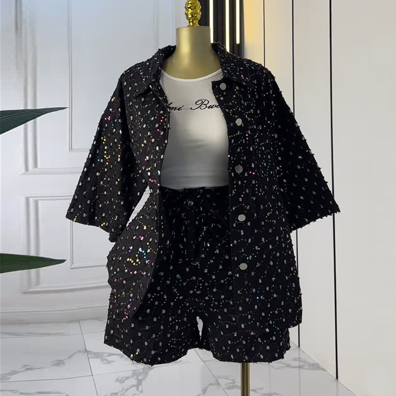 European and American cross-border women's clothing 2025 autumn new fashion heavy industry diamond studded seven quarter sleeve shirt wide leg shorts set