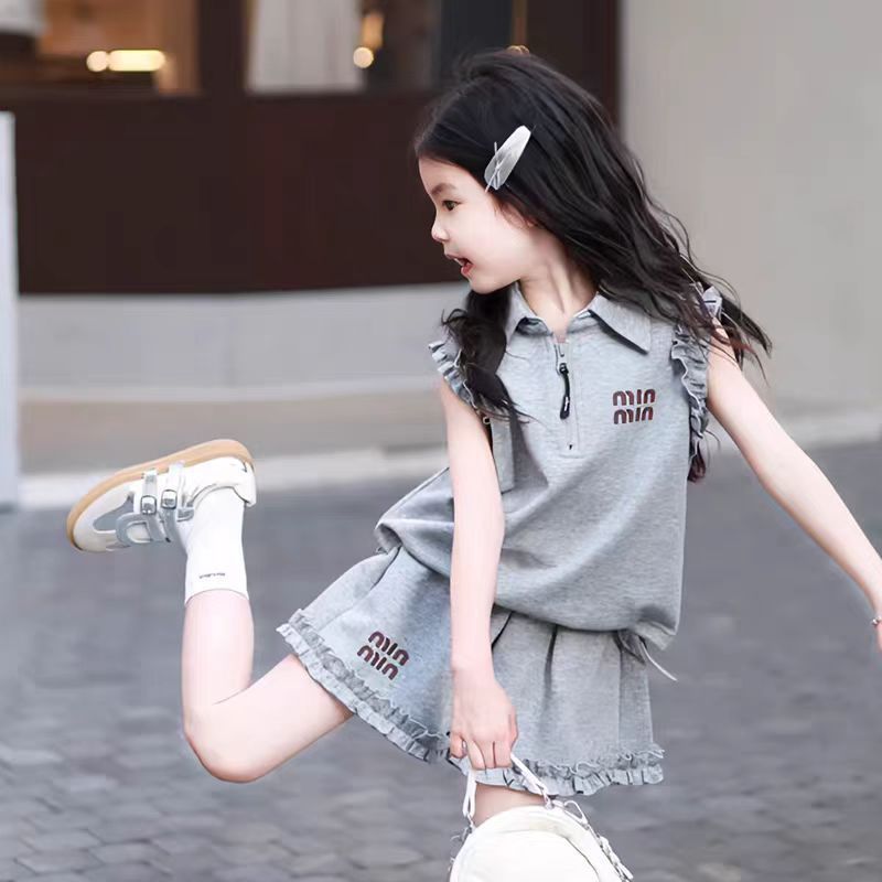 Internet celebrity girl Korean version lace set, big children's summer new style, western-style letter lapel short sleeved shorts two-piece set