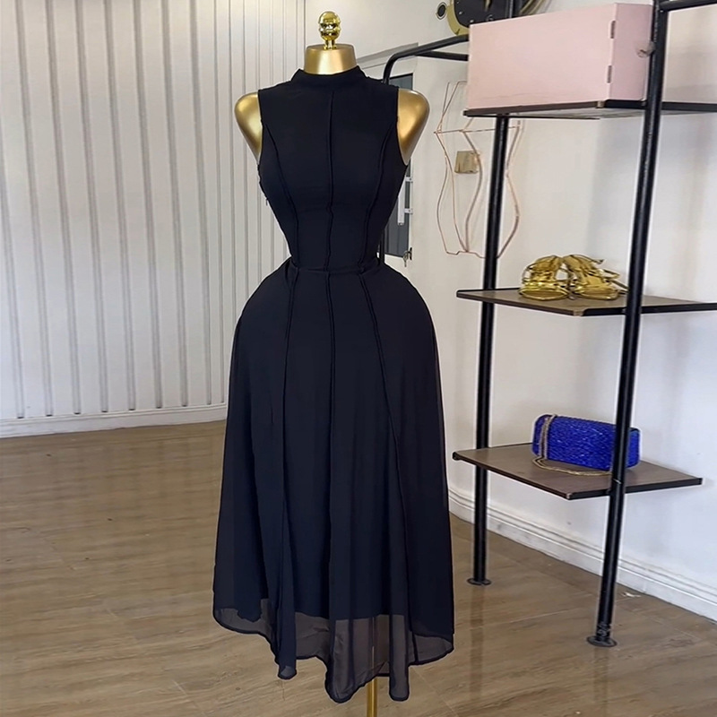 European and American cross-border women's clothing 2025 summer new style temperament semi high neck sleeveless high waist A-line black vest dress