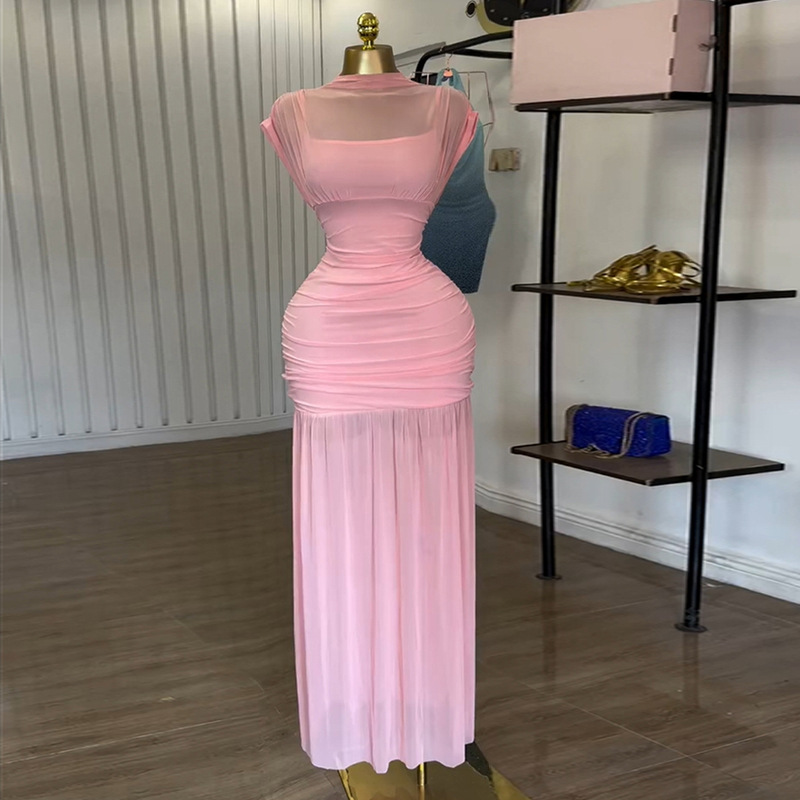 European and American cross-border women's clothing 2025 summer new style temperament pink semi high neck pleated slim fit medium long dress