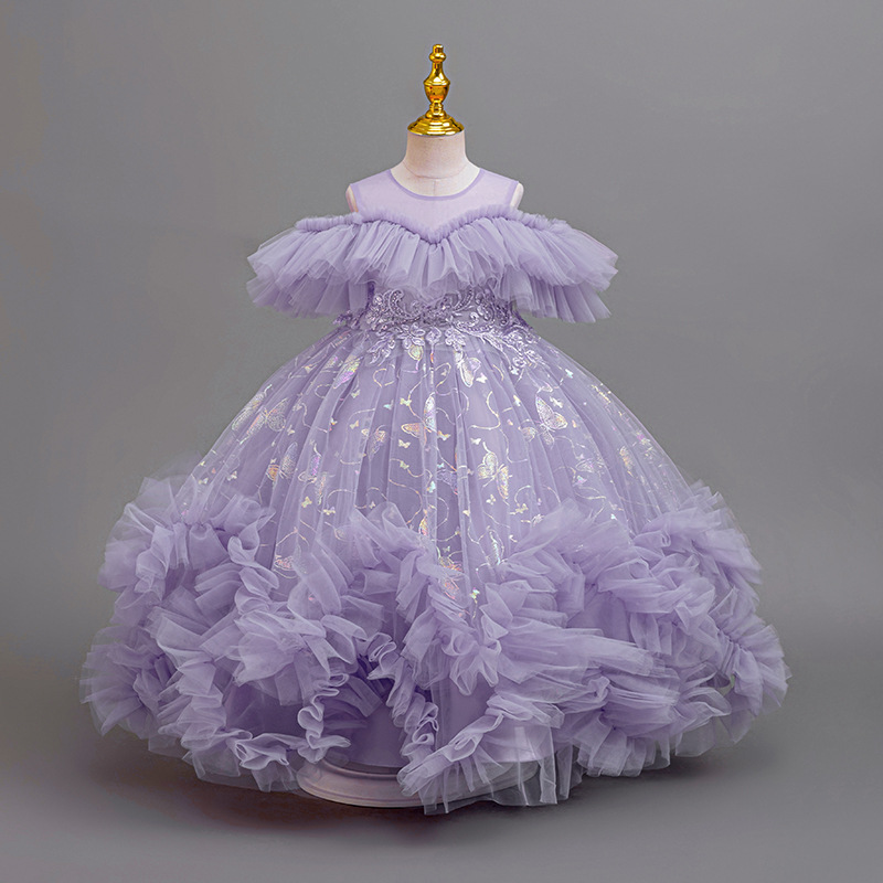 Girl performing princess dress, mesh fluffy skirt, one shoulder printed dress, flower girl host's birthday dance costume