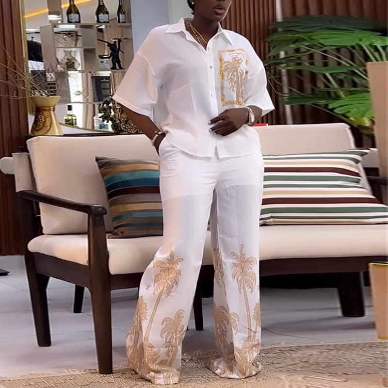 European and American Cross border African Women's Clothing 2025 Autumn New Fashion Printed Loose Short Sleeve Shirt Wide Leg Pants Set