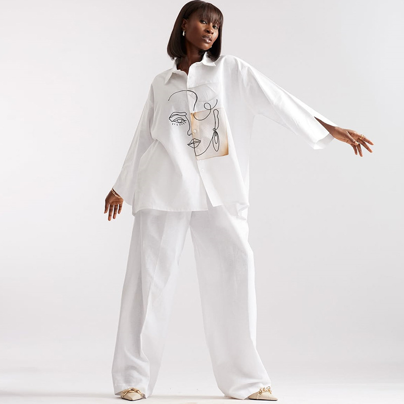 European and American Cross border Women's Clothing 2025 Summer New Casual Loose Collar Printed Shirt Wide Leg Pants Fashion Set