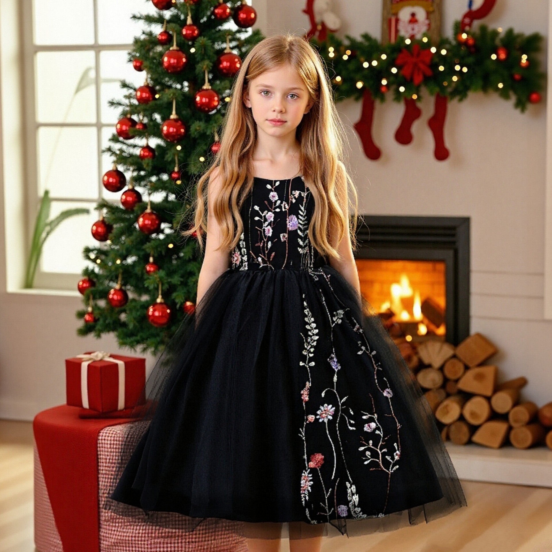Cross border European and American style children's dress, girls' mesh embroidery, fluffy princess dress, children's performance dress, flower girl wedding dress