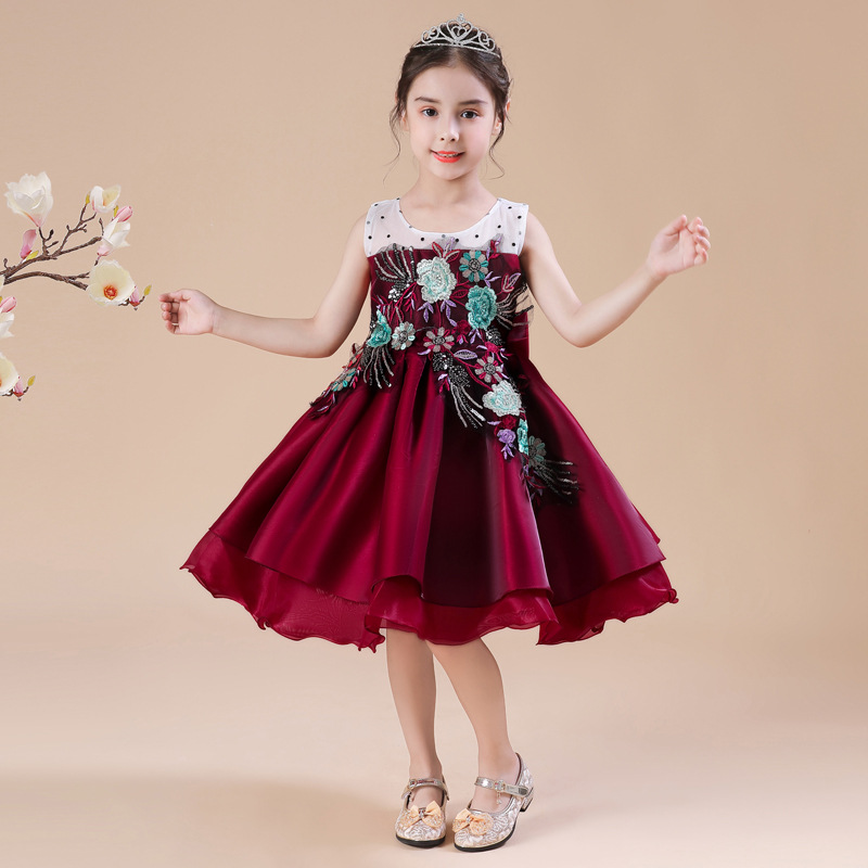 Children's dress, silk satin princess dress, birthday piano performance dress, girls' runway show, fluffy veil host dress