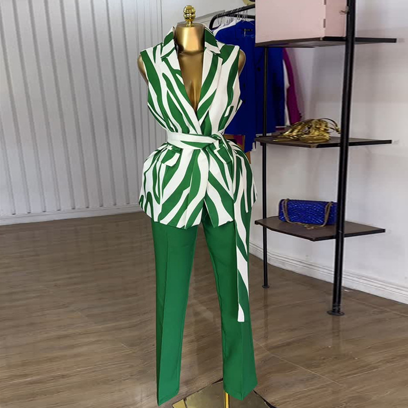 European and American Cross border Women's Clothing 2025 Summer New Style Suit Collar Waist Vest High Waist Pants Fashion Set