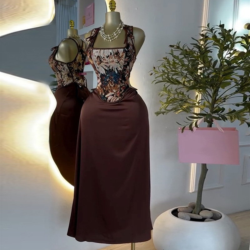 European and American cross-border women's clothing 2025 summer new style temperament printed bow vest top high waist skirt set
