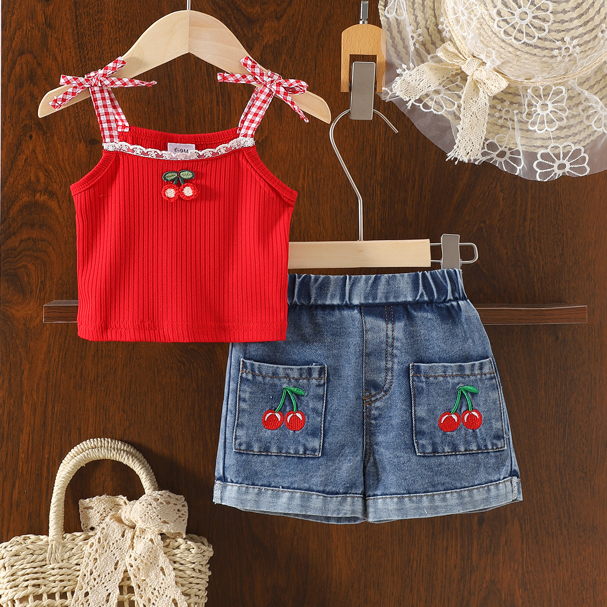 Foreign Trade 2025 Summer Girls' Casual Red Strap Knitted Top Cowboy Shorts Set