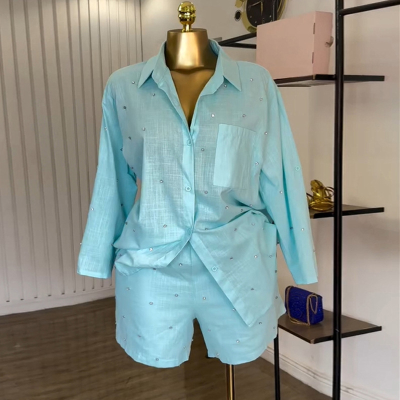 European and American Cross border Women's Clothing 2025 Summer New Style Fashion Collar Seven Cent Sleeve Nail Beaded Shirt Wide Leg Shorts Set