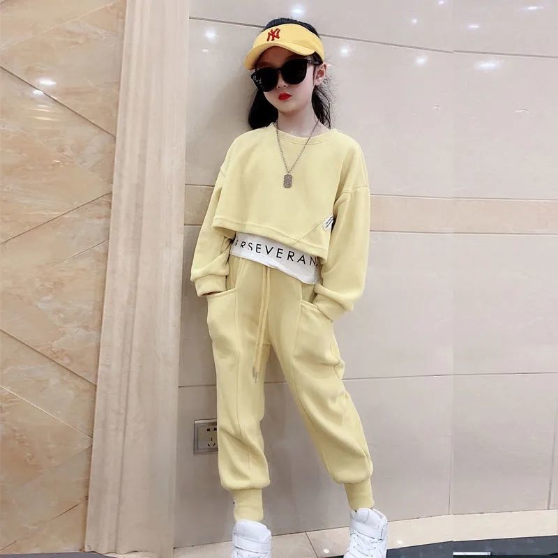 Children's clothing, women's autumn set, western-style girls' autumn clothes, long sleeved fake two-piece hoodie, children's two-piece set, sportswear