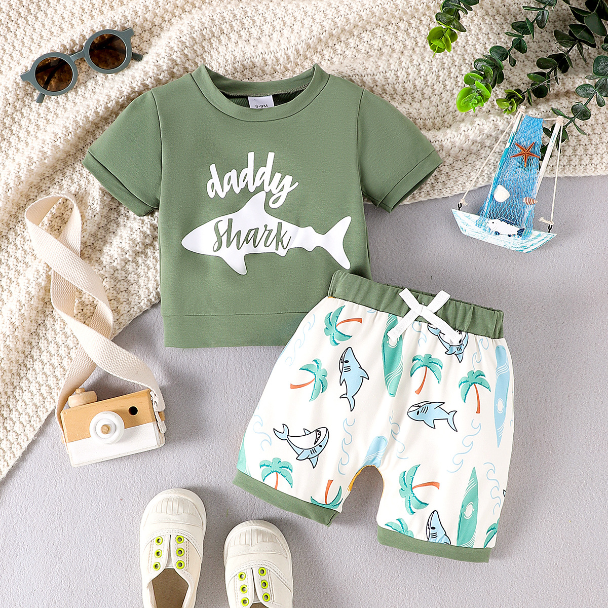 Cross border 25 new fish pattern short sleeved top+shorts summer set